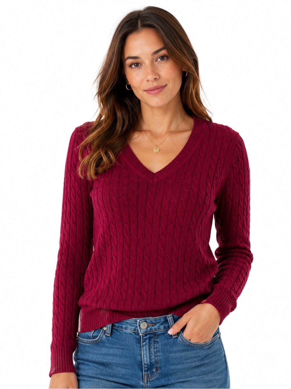 Karen Scott‎ Burgundy Cable Knit V Neck Sweater M 100% Cotton Classic Preppy
